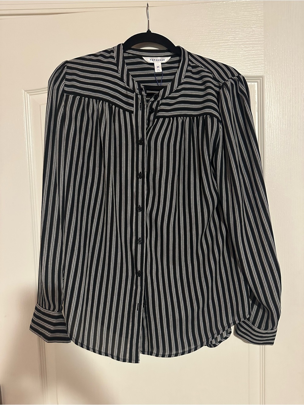 NWT POPSUGAR Black White Striped Button Up Blouse Puff Sleeve Size M